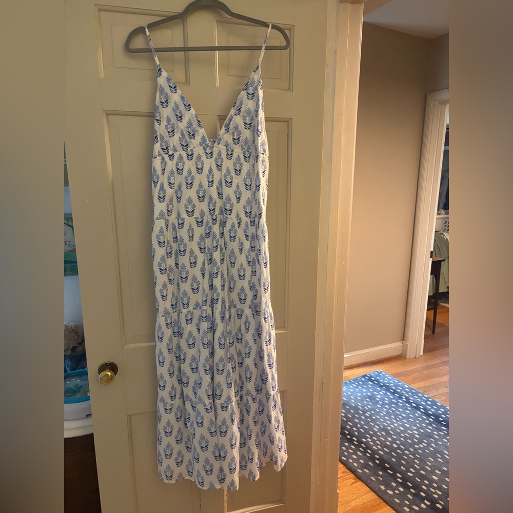 Blue and White Leaf Print Maxi Dress